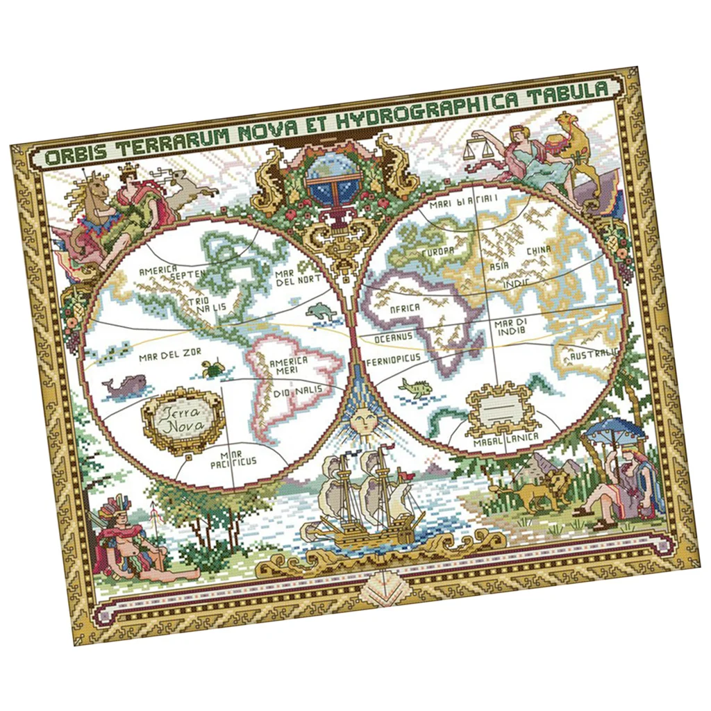 14CT 51x42cm Old World Map Stamped Cross Stitch Kit DIY Handmade Needlework for Beginners Kids Adults