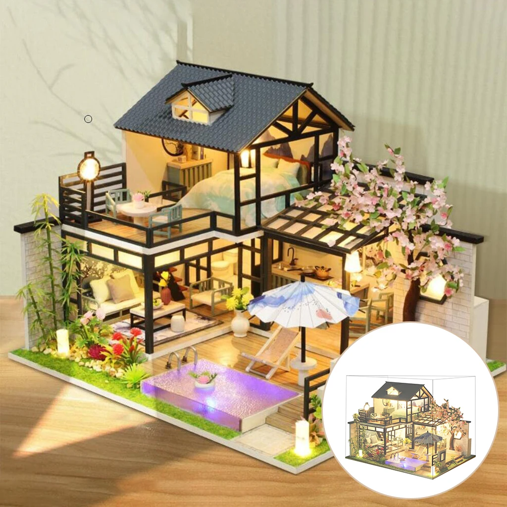3-D Puzzle Miniature Dollhouse with Furniture Kids Toys Game Set Villa 
