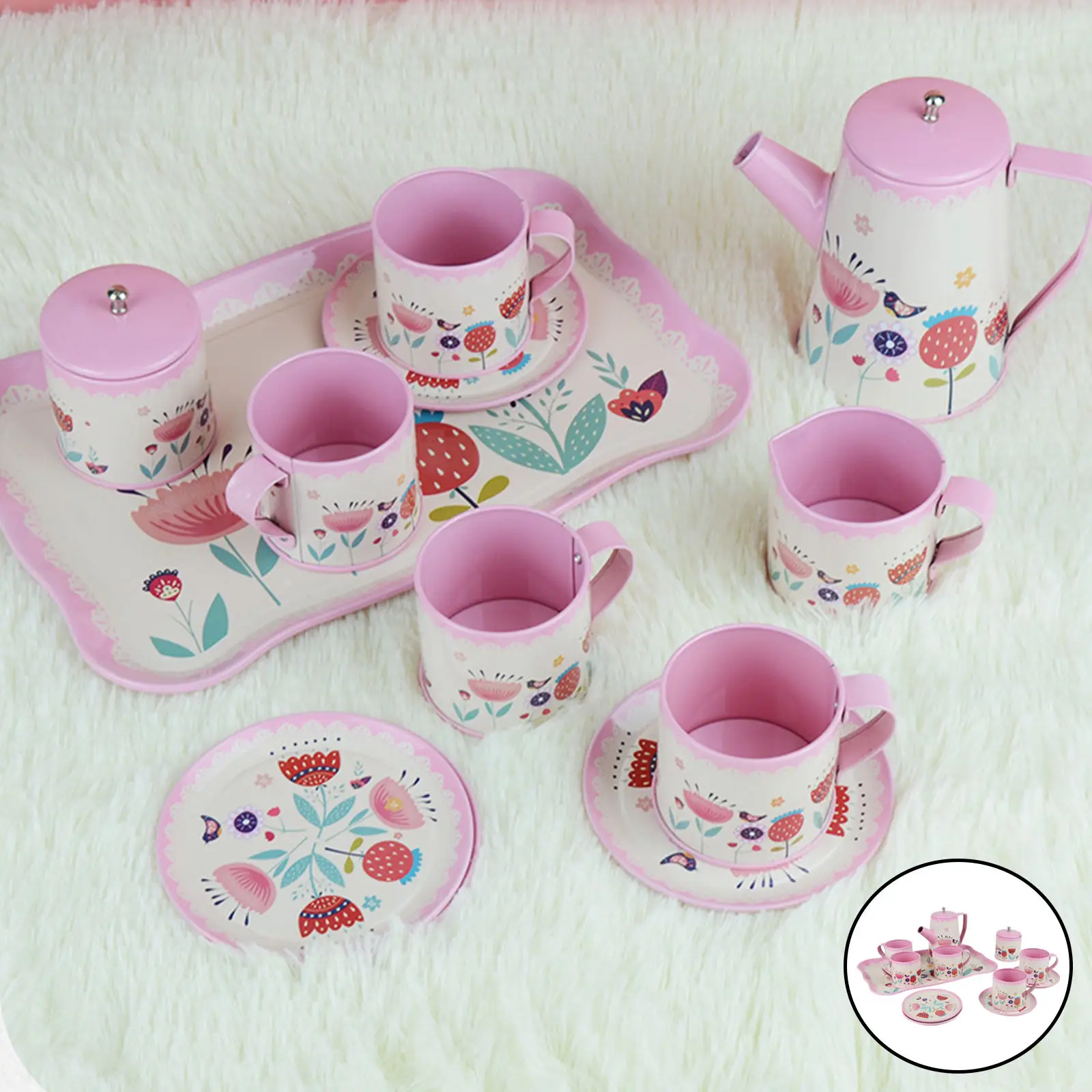 12x Kids Tin Tea Set Kitchen Toys Pretend Play Metal Role Play Simulation Teapot Teacup for Children Girls Holiday Gifts