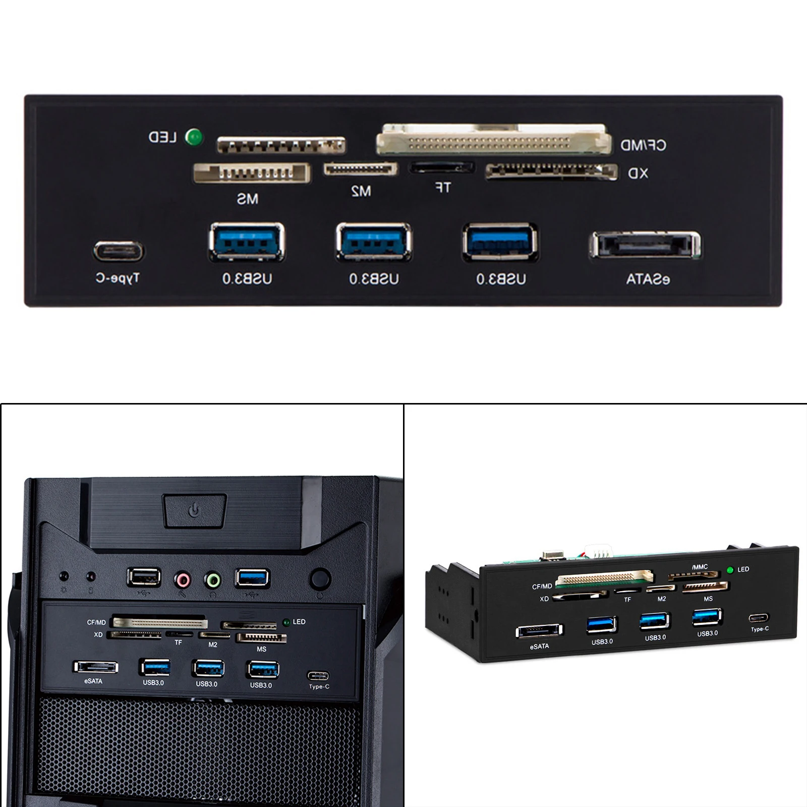 Internal Card Reader Front Panel Hub with 3 USB 3.0 Ports Supports M2 SD MS XD CF Card High Speed for Computer