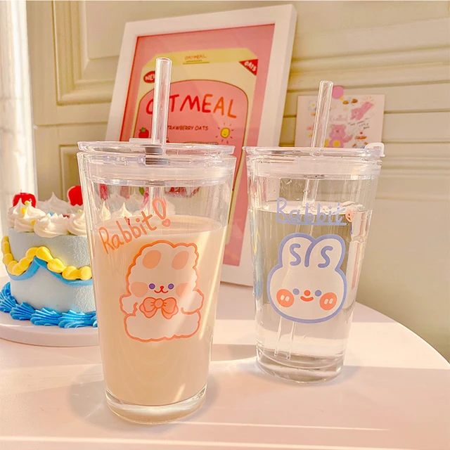 Flamingo Pattern Cute Cartoon Glass Water Cup With Lid, Straw For  Breakfast, Milk, Juice, Tea