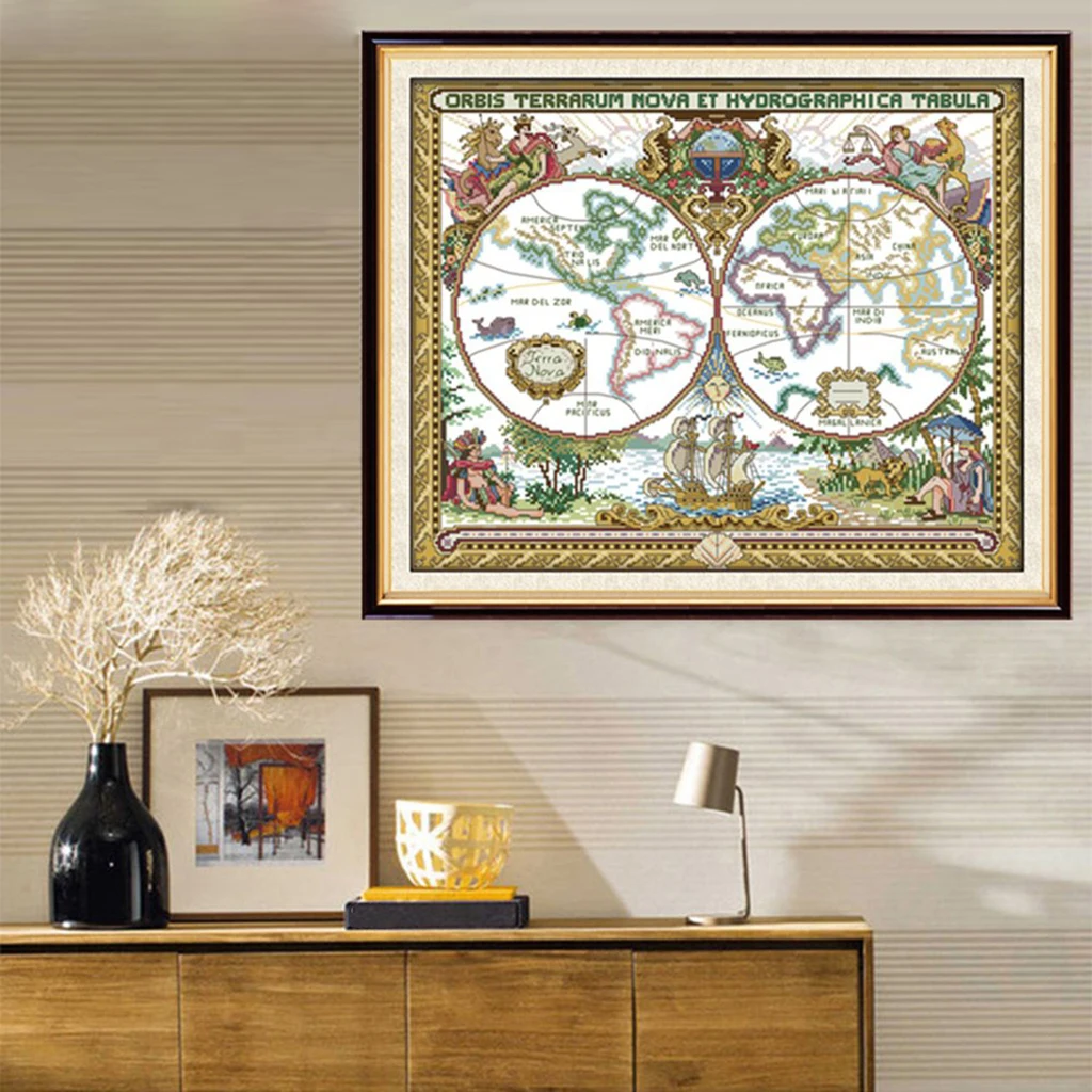 14CT 51x42cm Old World Map Stamped Cross Stitch Kit DIY Handmade Needlework for Beginners Kids Adults