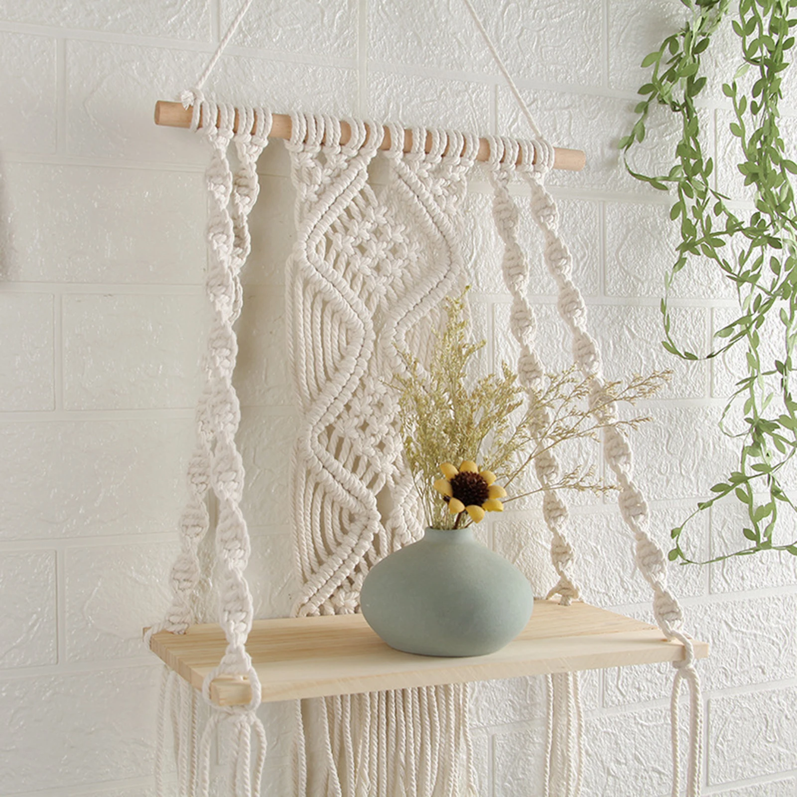 Hand-Woven Macrame Tapestries Rack Shelf Rustic Wooden Farmhouse ing Decorative Shelves Wall ing Shelves Ornament