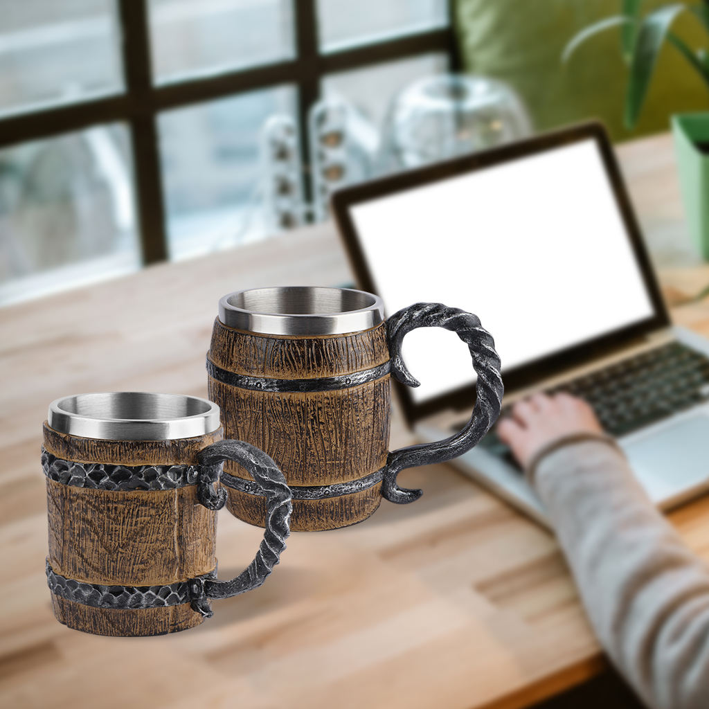 Stainless Steel Wooden Barrel Beer Mugs Coffee Tea Water Cup Party Drinking Drinkware for Home Dining Room Ornament