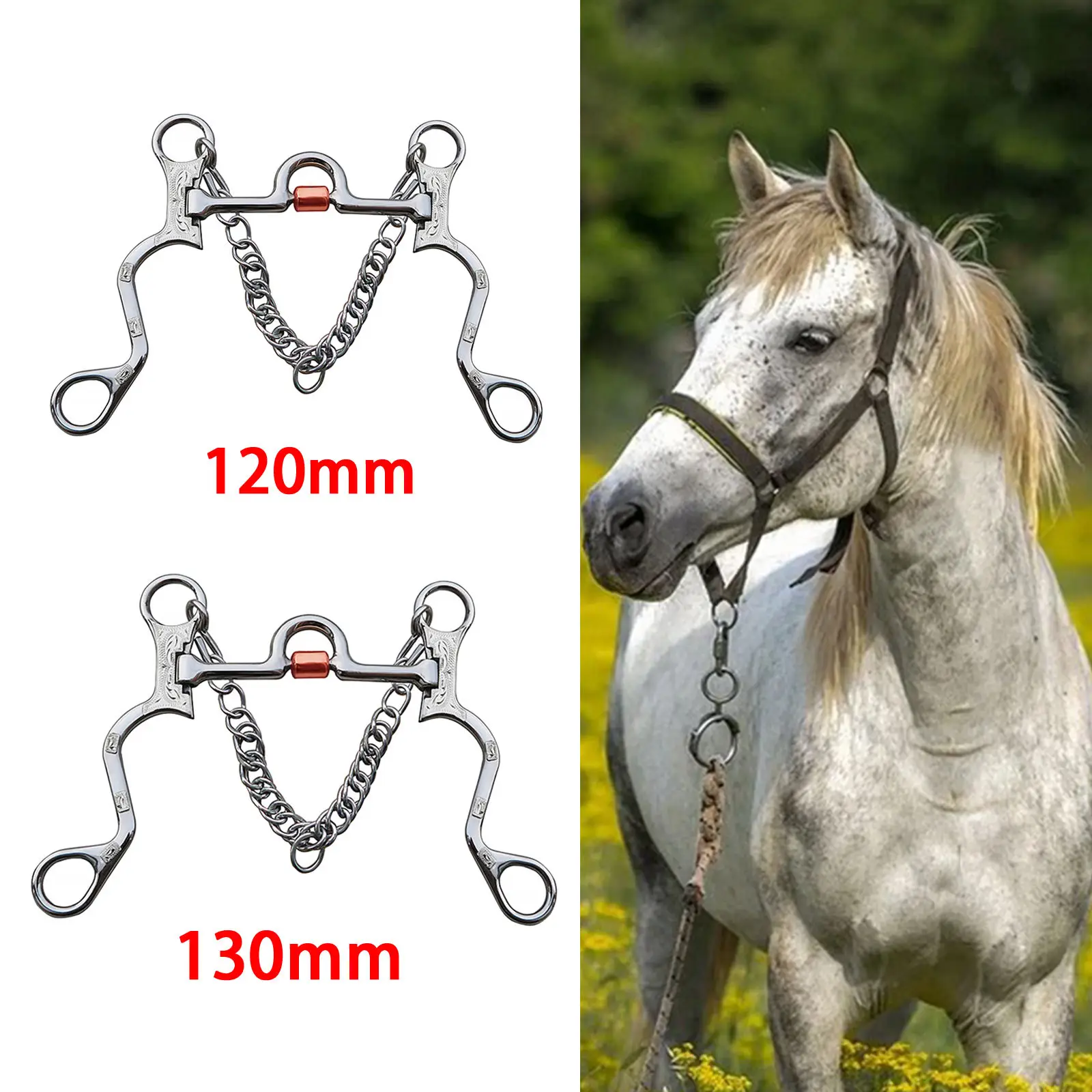 Horse Bit Stainless Steel Copper Mouth Center Roller Harness Antirust with Silver Trims Horse Gag Bit Cheek for Horse Bridle