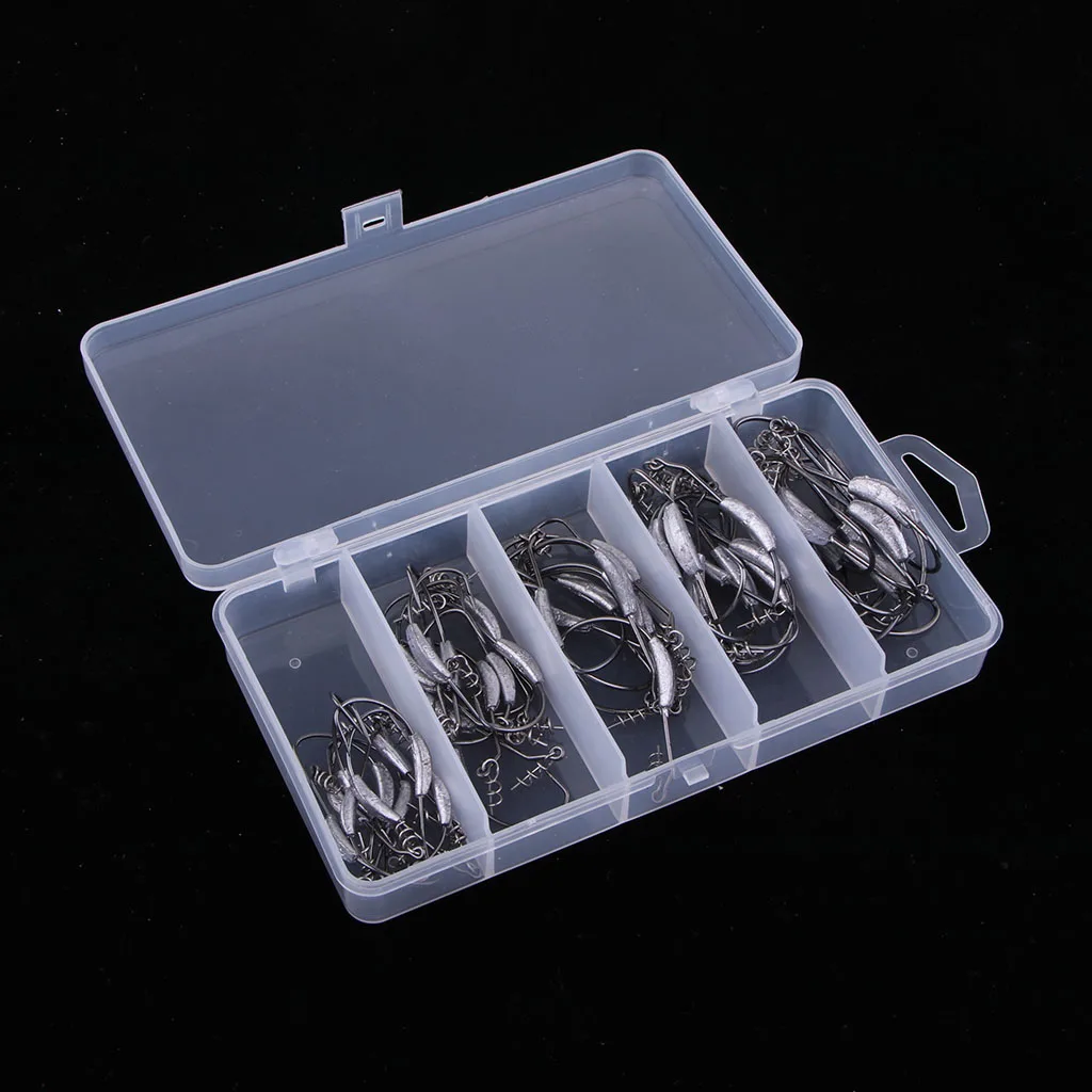 50pcs Weighted Superline Spring Hook with Centering Pin Offset Circle Worm Jig Fishing Hooks