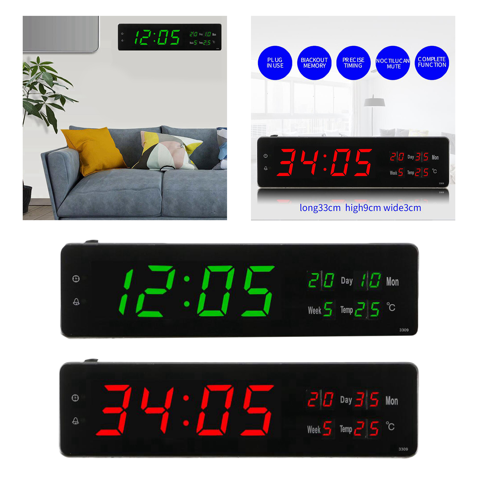 Large LED Digital Alarm Clocks Desktop Bedside Wall Clock 24 Hours Display Calender Temperature Week for Study