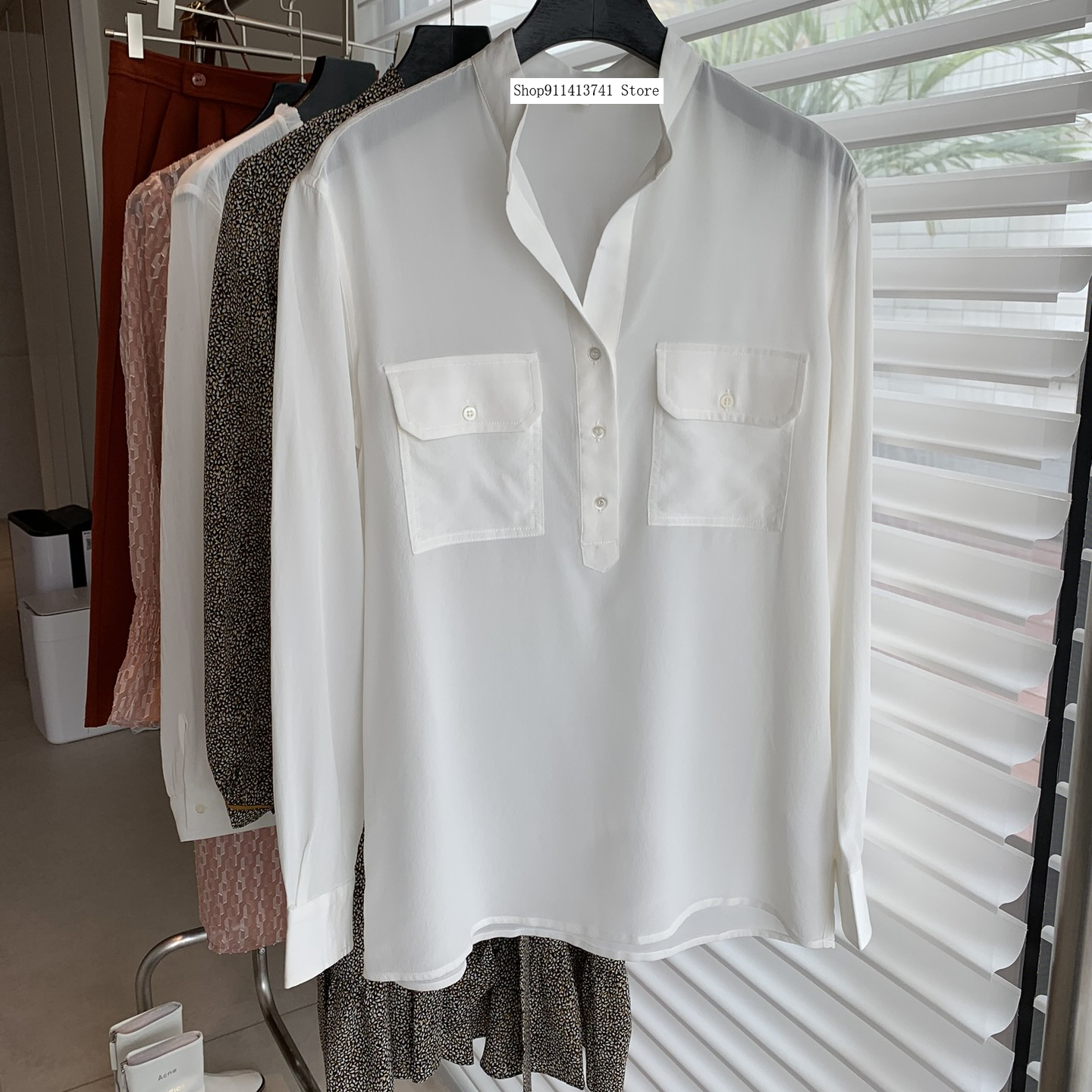 Camisa Feminina Seda Clássico Bolso Topo Sólido Blusas Femininas 18 mm 1 High Quality Moda Feminina
