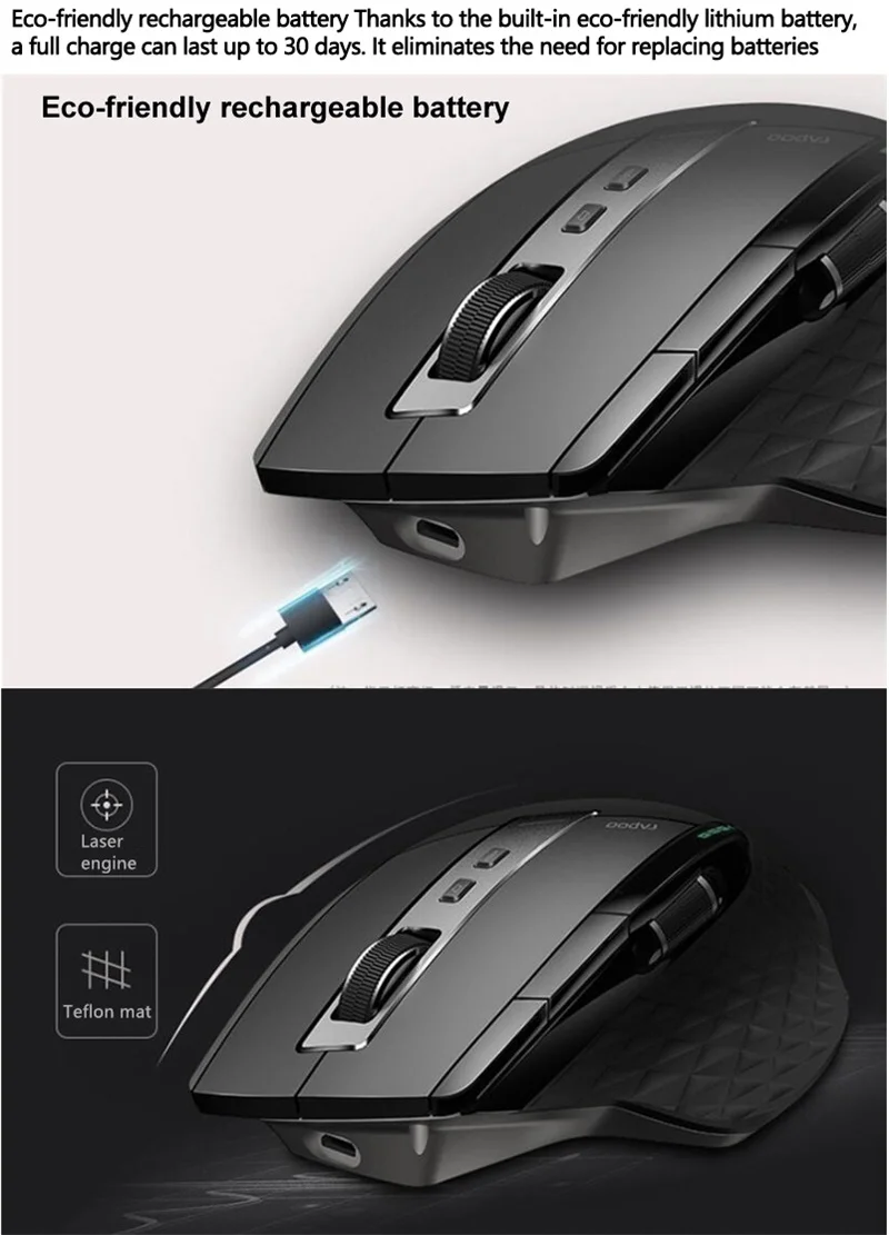 Rapoo MT750 Pro Bluetooth Laser Wireless Mouse Multi-mode Office Gaming ...