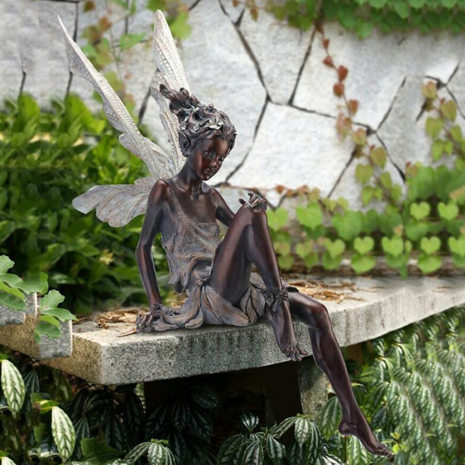 Turek Resin Sitting Fairy Statue Garden Ornament Porch Sculpture Patio Sculpture Craft for Home Garden Decoration