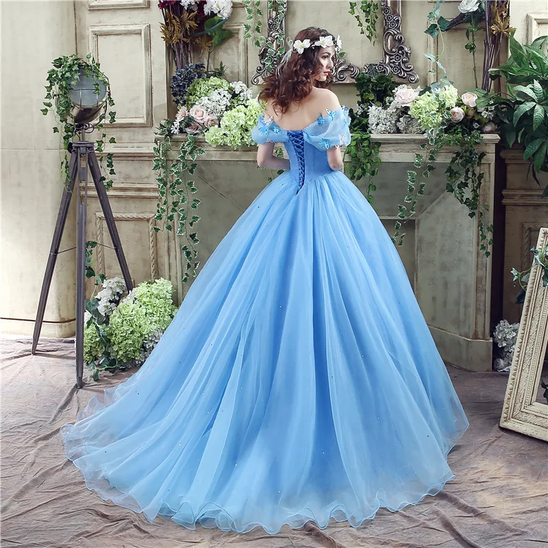 plus size prom & dance dresses 2021 Blue Ball Gown Prom Dress New Movie Princess Cinderella Cosplay Dress Off The Shoulder Organza Long Prom Gown Prom Dress cheap prom dresses