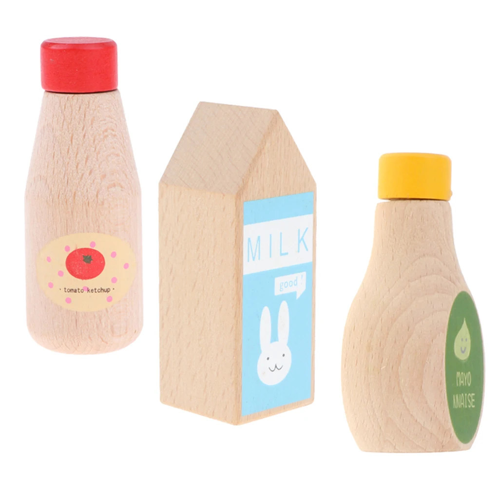 3pcs Kid Kitchen Pretend Toy Play House Wooden Tomato Ketchup Milk Bottles