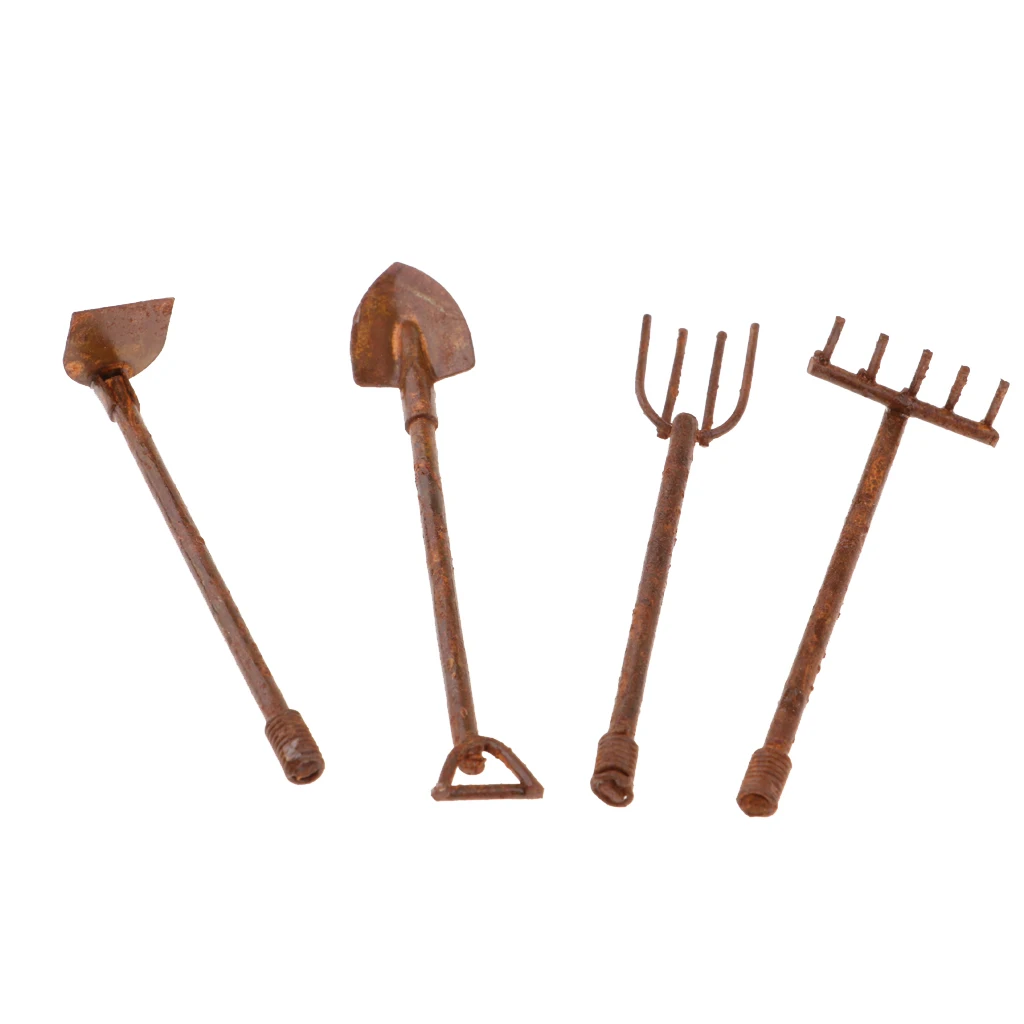 1/12 Dolls House Mini Gardening Spade Rake Shovel Hoe Set Home Garden Tools
