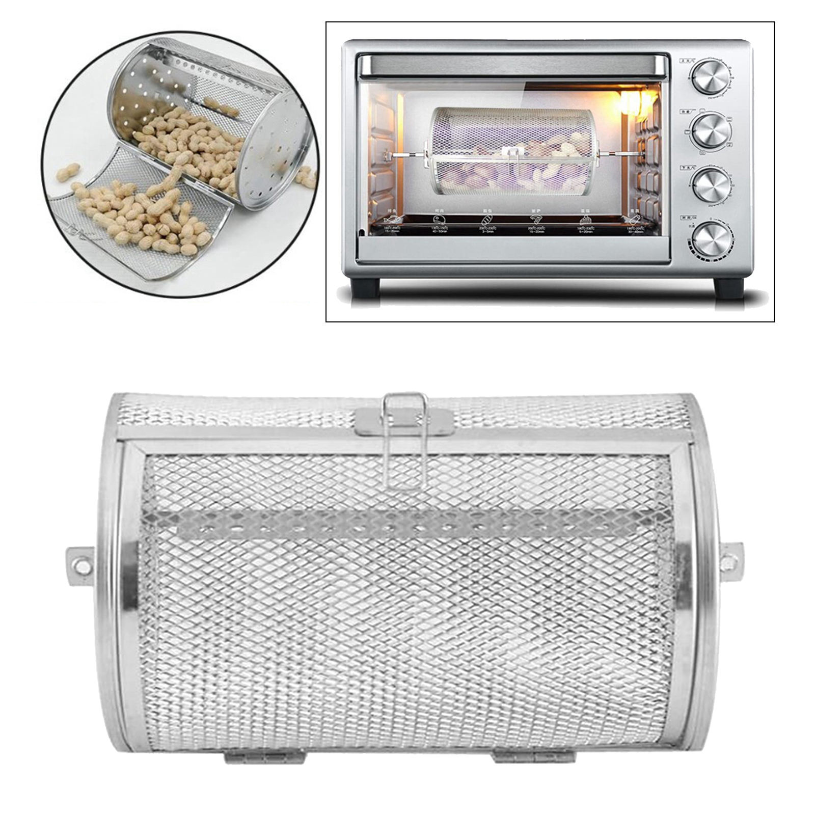 Rotisserie Grill Roaster Drum Oven Basket Oven Roast Baking Rotary Silver for Peanut Dried Nut Coffee Beans BBQ