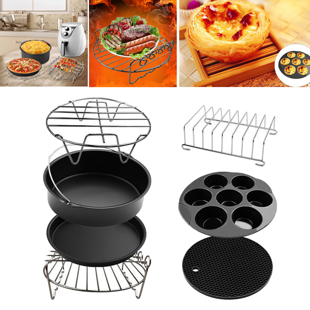 7pcs Air Fryer Accessory Kit Silicone Mat 8inch Pizza Pan Metal Holder
