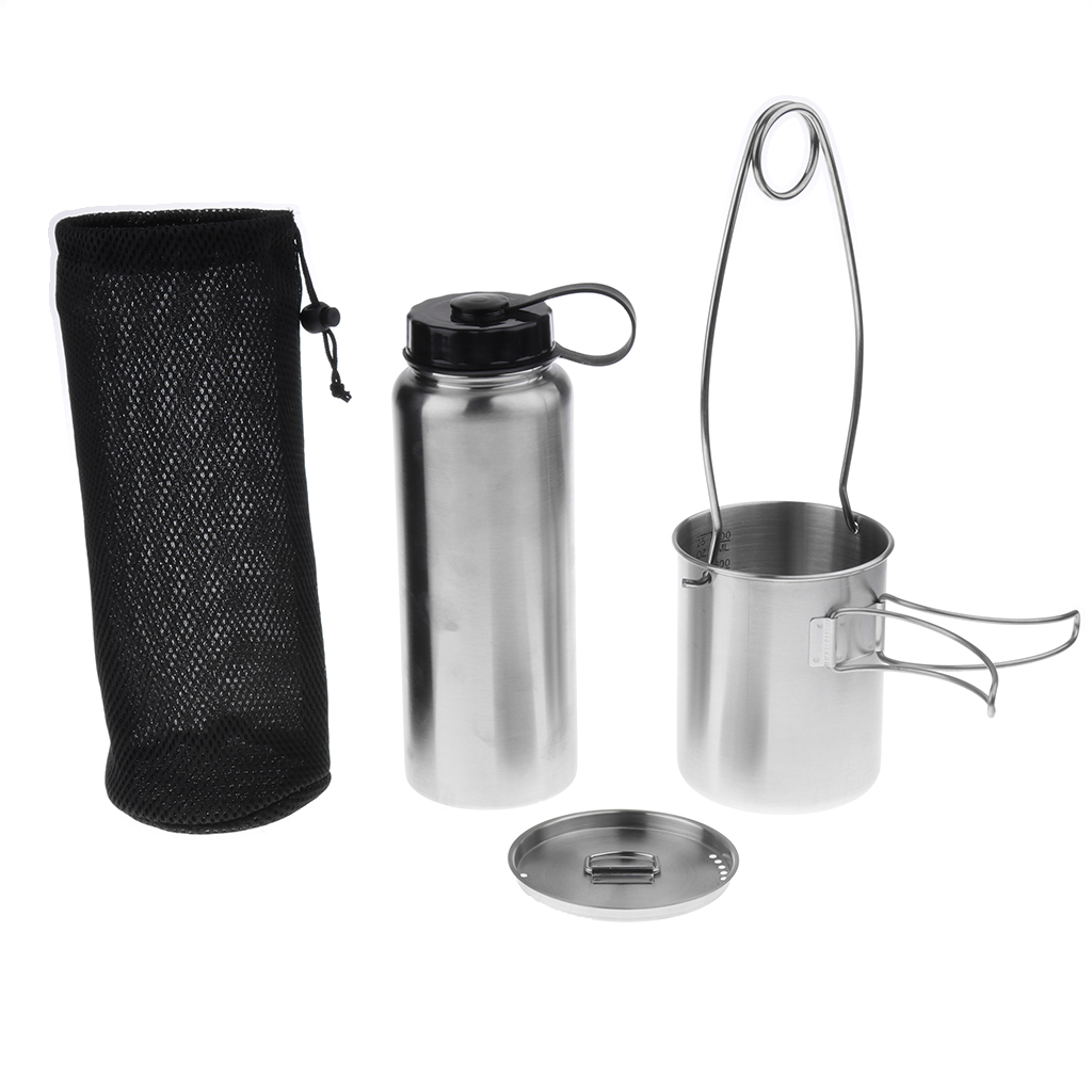 Outdoor Camping Water Bottle 1L Stainless Steel +750ml Foldable Coffee/Tea Cup