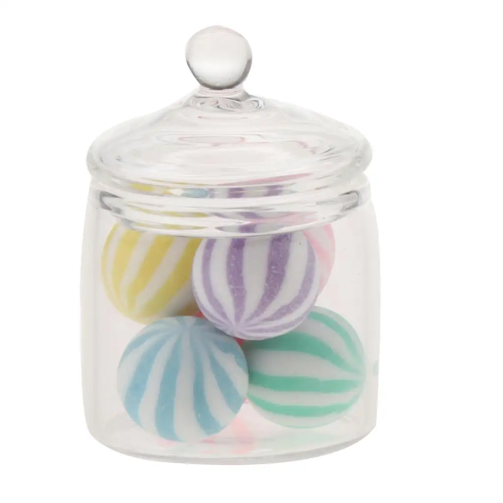 Miniature Glass Candy Jar with 6 Candies Cake Food Bottle Kitchen Accessorios for 1/6 Dollhouse