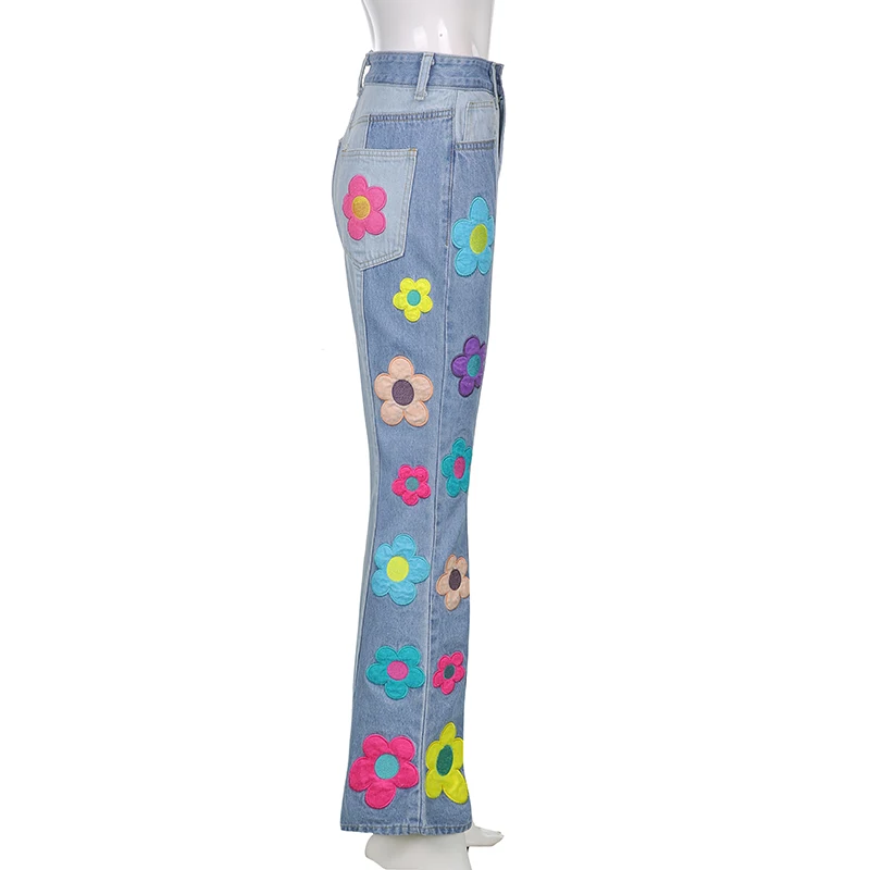bordado floral cor bloco solto denim calças