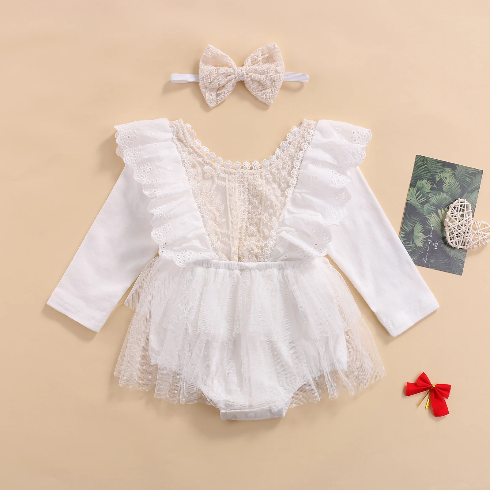 Cotton baby suit 0-18M Newborn Kid Baby Girl Clothes Ruffle Lace V-neck Romper Tutu Dress Long Sleeve Jumpsuit + Headband Princess Party Outfits Baby Bodysuits made from viscose 