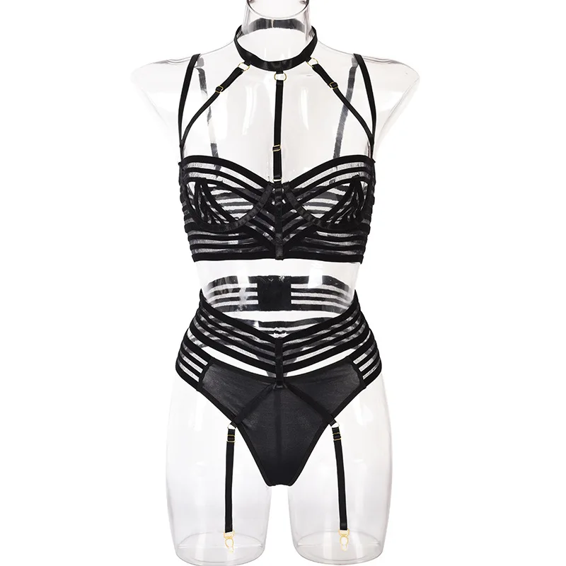 Muyiweixue 2021 Hot New Product Sexy Lingerie Suit Black Webbing Stitching Hanging Neck Sexy Nightclub Suit panty sets