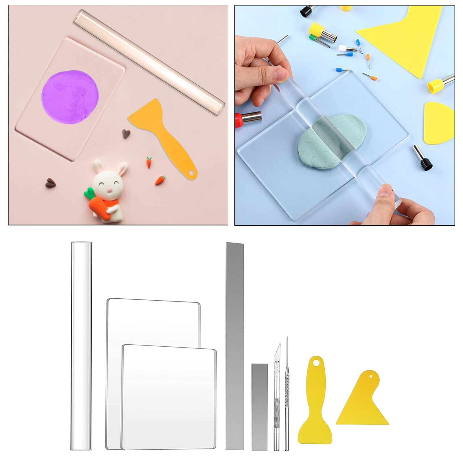 9 Pieces DIY Polymer Clay Tool, Include Acrylic Clay Roller, Acrylic Sheet, Clay Needle, Clay Cutter, Scraper Backing Board