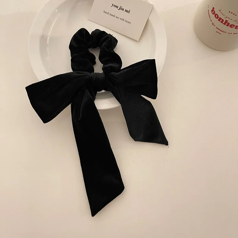 Women's Hair Accessories Retro French Velvet Bowknot Hair Scrunchies Streamer Bows Long Elastic Hair Bands Women Pontail Holder Elegant Ties Headwear bow hair clip