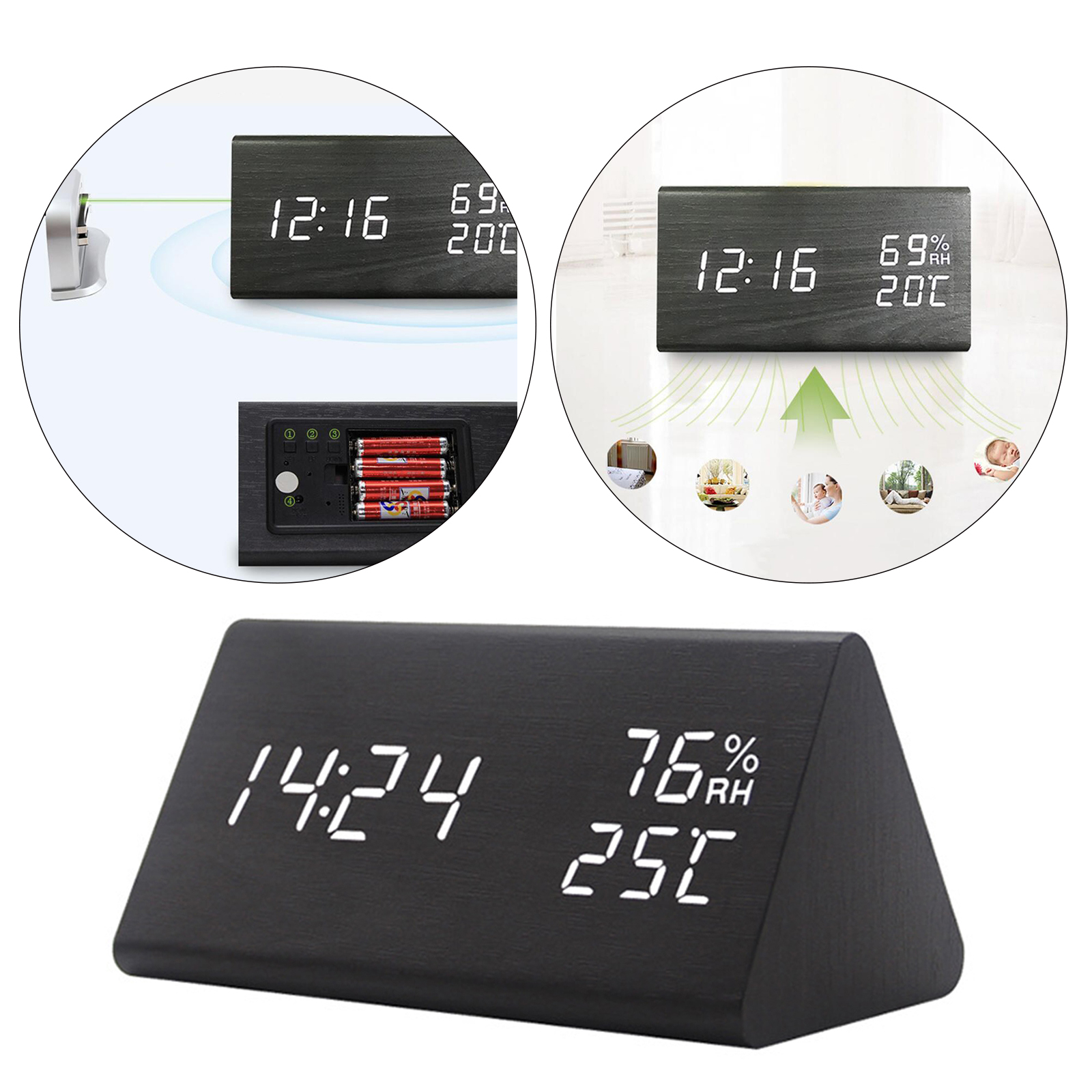 Large Wooden Digital Alarm Clock Portable Snooze TimeAdjustable Brightness Bedroom Bedside Home Office Clocks