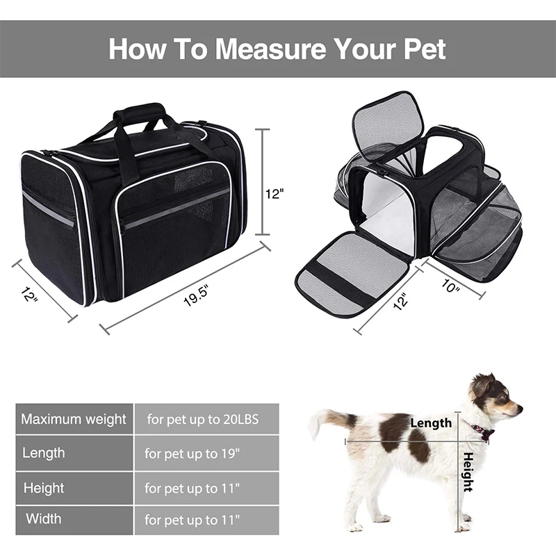 Un transportín para mascotas con dimensiones etiquetadas, indicando su tamaño. El transportín está diseñado para alojar mascotas de hasta un determinado tamaño, como indican las medidas proporcionadas.