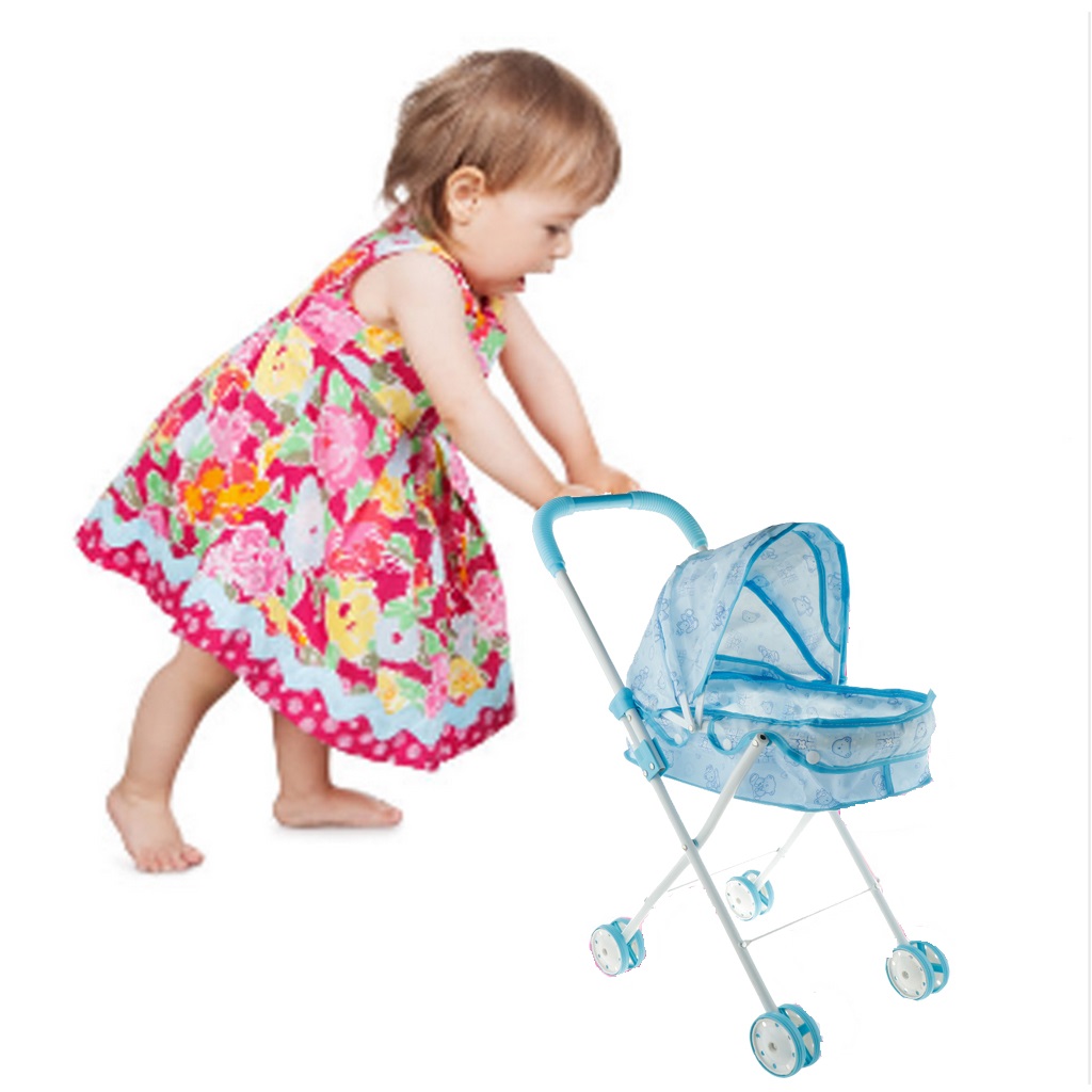 Portable Doll Stroller Carrier Pram Blue Pretend Play Toys, Gift for Toddler