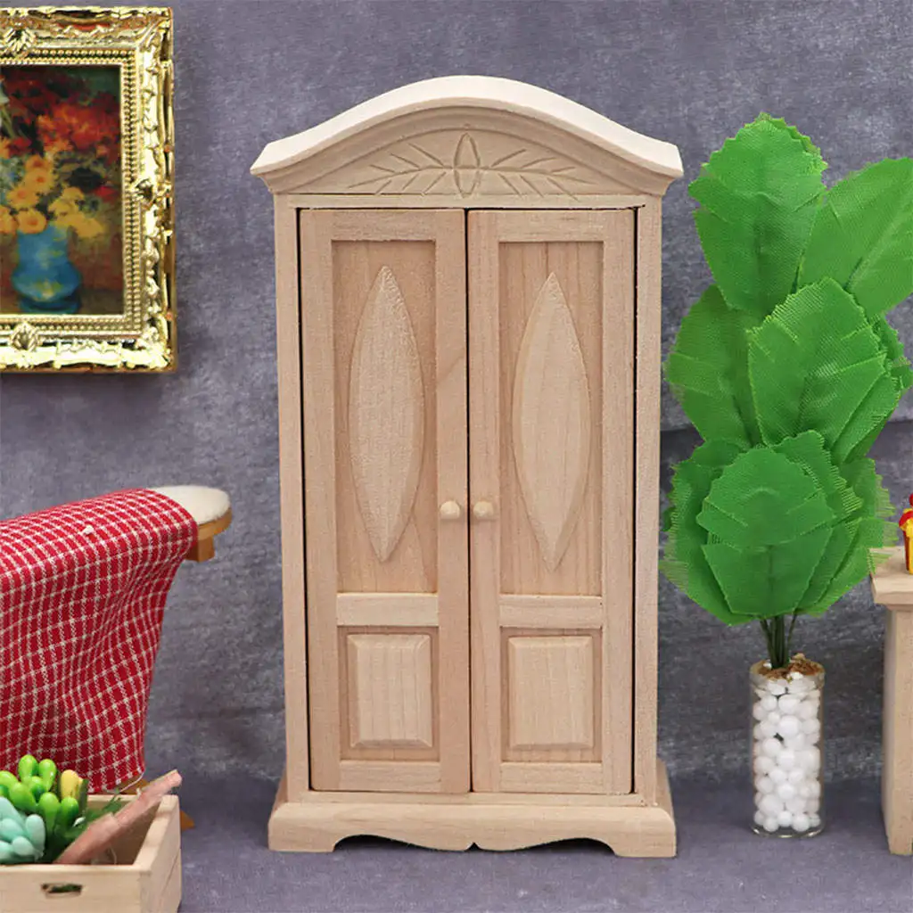 Mini 1/12 Dollhouse Wood Wardrobe Furniture Accessories Doll House Decration DIY Double Door Kids Gifts Girls Toy