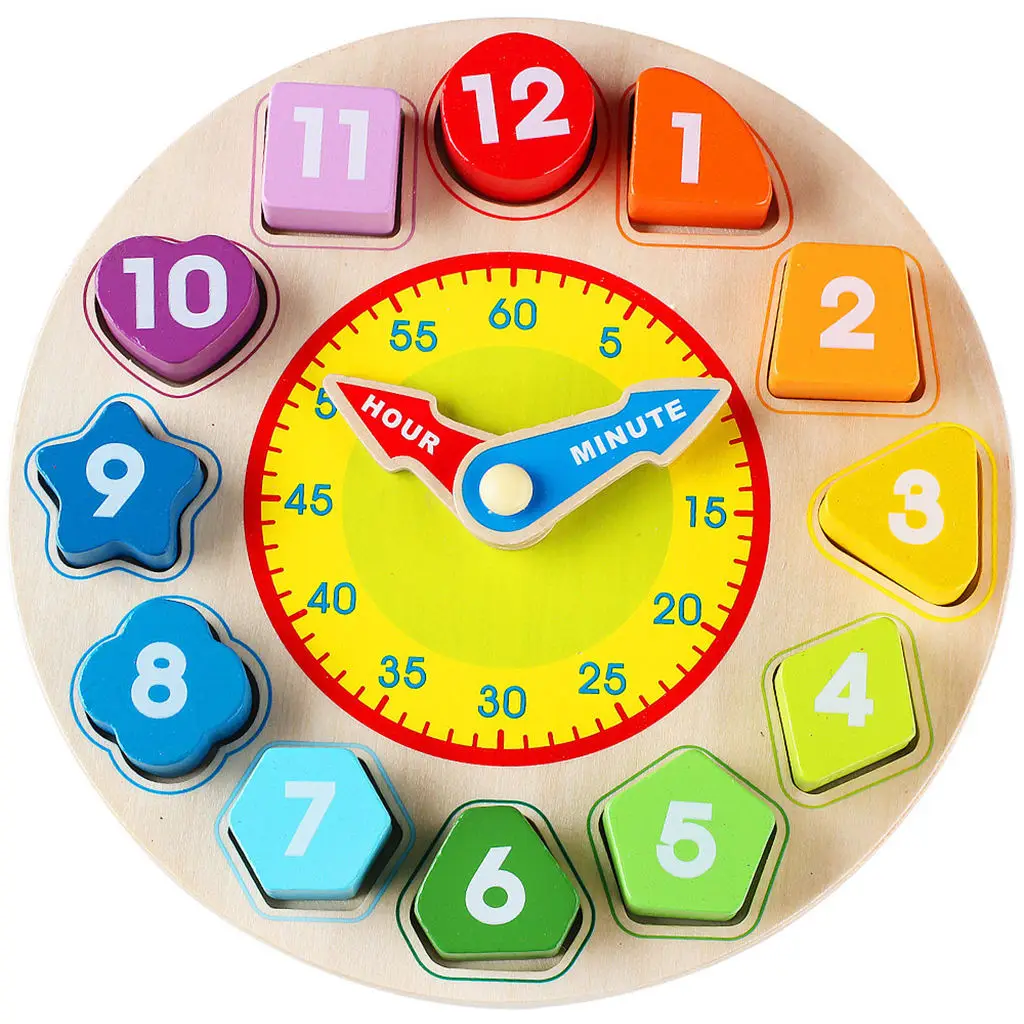 Montessori Wooden Shape Clock Puzzle, Teaching Time Sorting Number Blocks manually Movable Hour and Minute Hands for Kids