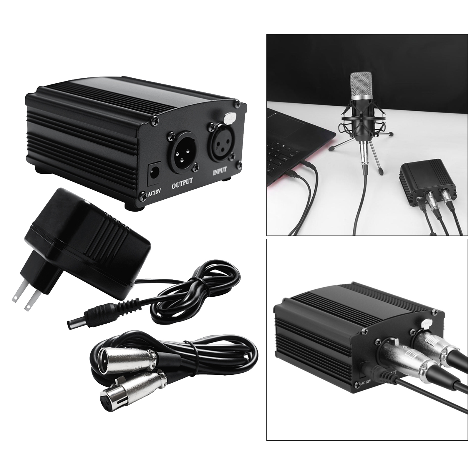48V Phantom Power Supply with Charging Cable and XLR Cable for Microphone