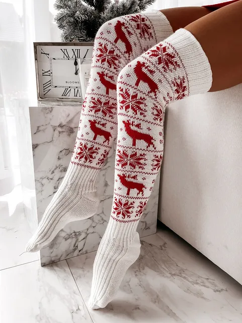 Christmas Women Knitted Cotton Woolen Stocking Warm Thigh