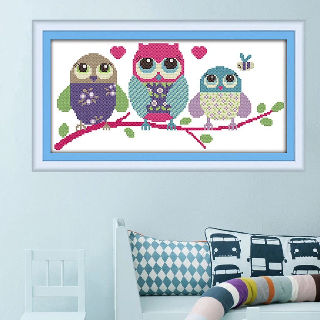 Owl Cross Stitch Kit Pre-printed Beginners Crafts Embroidery Practice Set