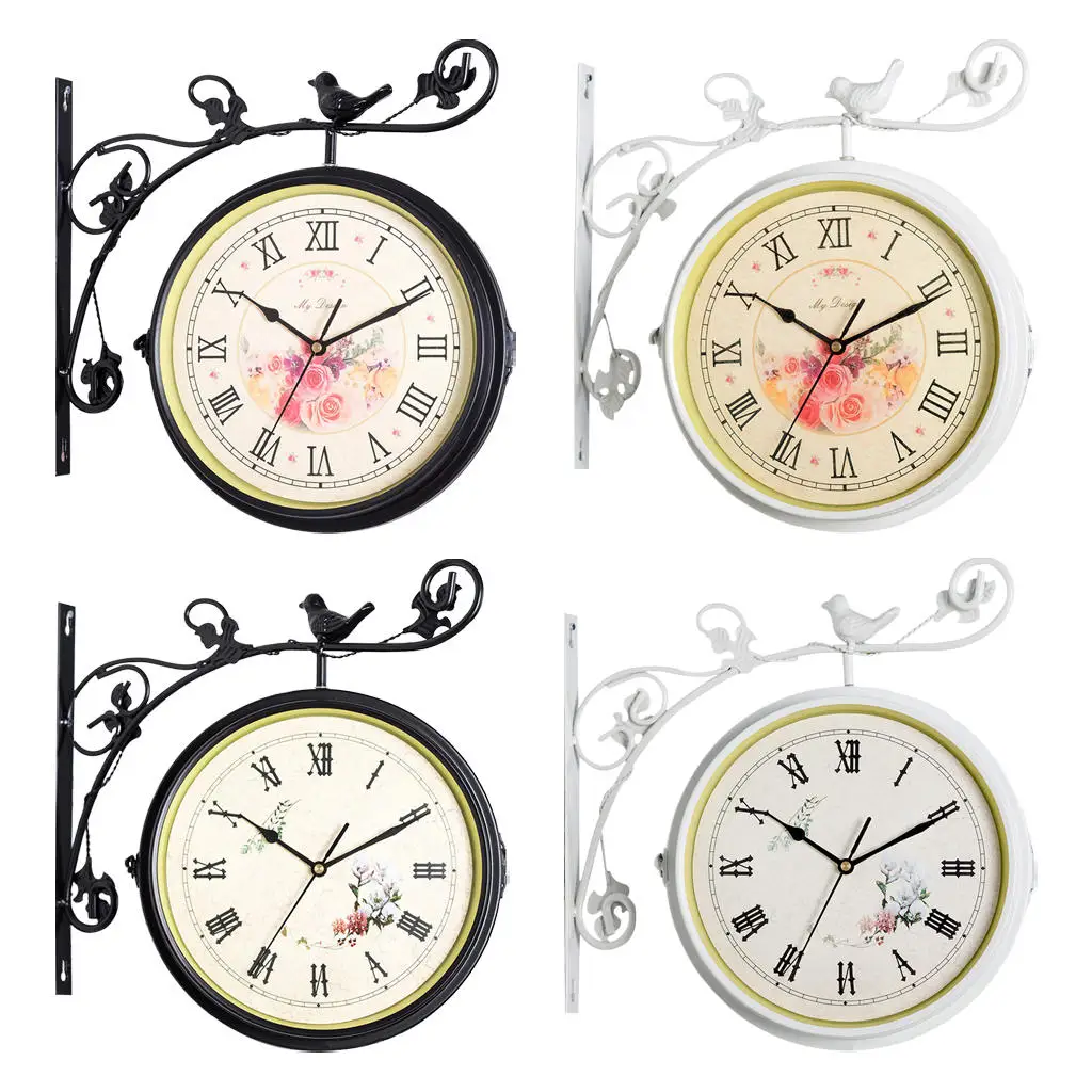 Iron Double Sided Retro Round Quiet Wall Hanging Clock Hotel Bar Garden Decor