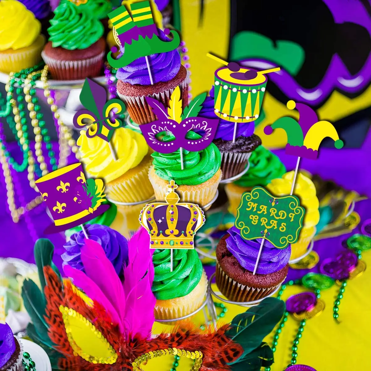 corone Maschere mascherate Cappelli Qpout 24 Pezzi Mardi Gras Topper per Cupcake per la Festa di Compleanno in Maschera di Carnevale di New Orleans Decorazione Torta Fai da Te 