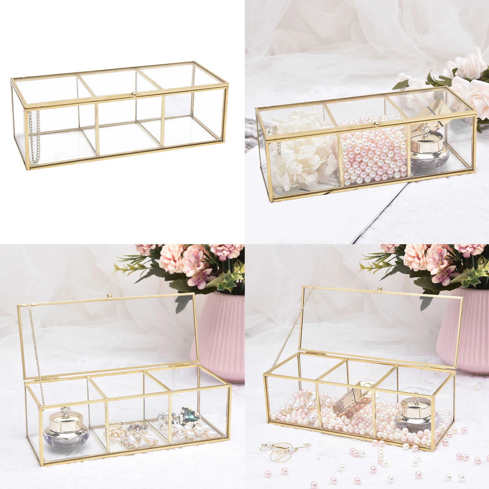 Clear Glass Makeup Organizer Tray, 3 Spaces Cosmetic Display Case Storage Box for Lipstick,Makeup Brushes and Skin Care Bottles