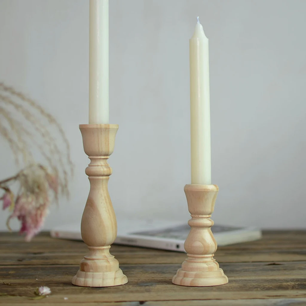 Rustic Unfinished Carved Pillar Candle Holder Candlestick Table Centerpiece