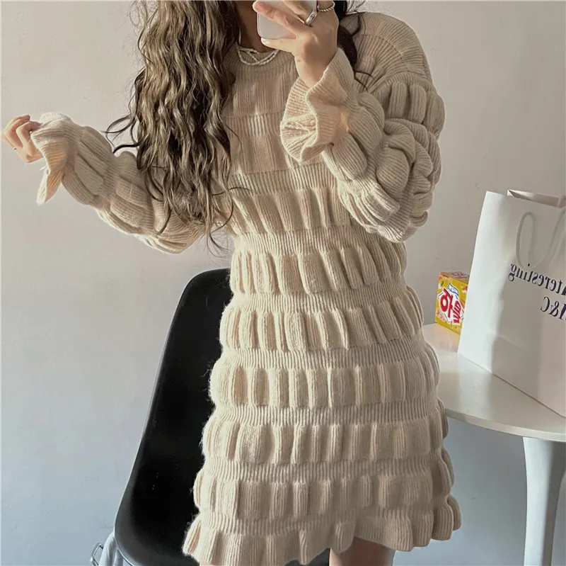 Hbc220c8279a74d3383861297f30d0054H - Winter Korean O-Neck Long Flare Sleeves Ruched A-Line Knitted Mini Dress