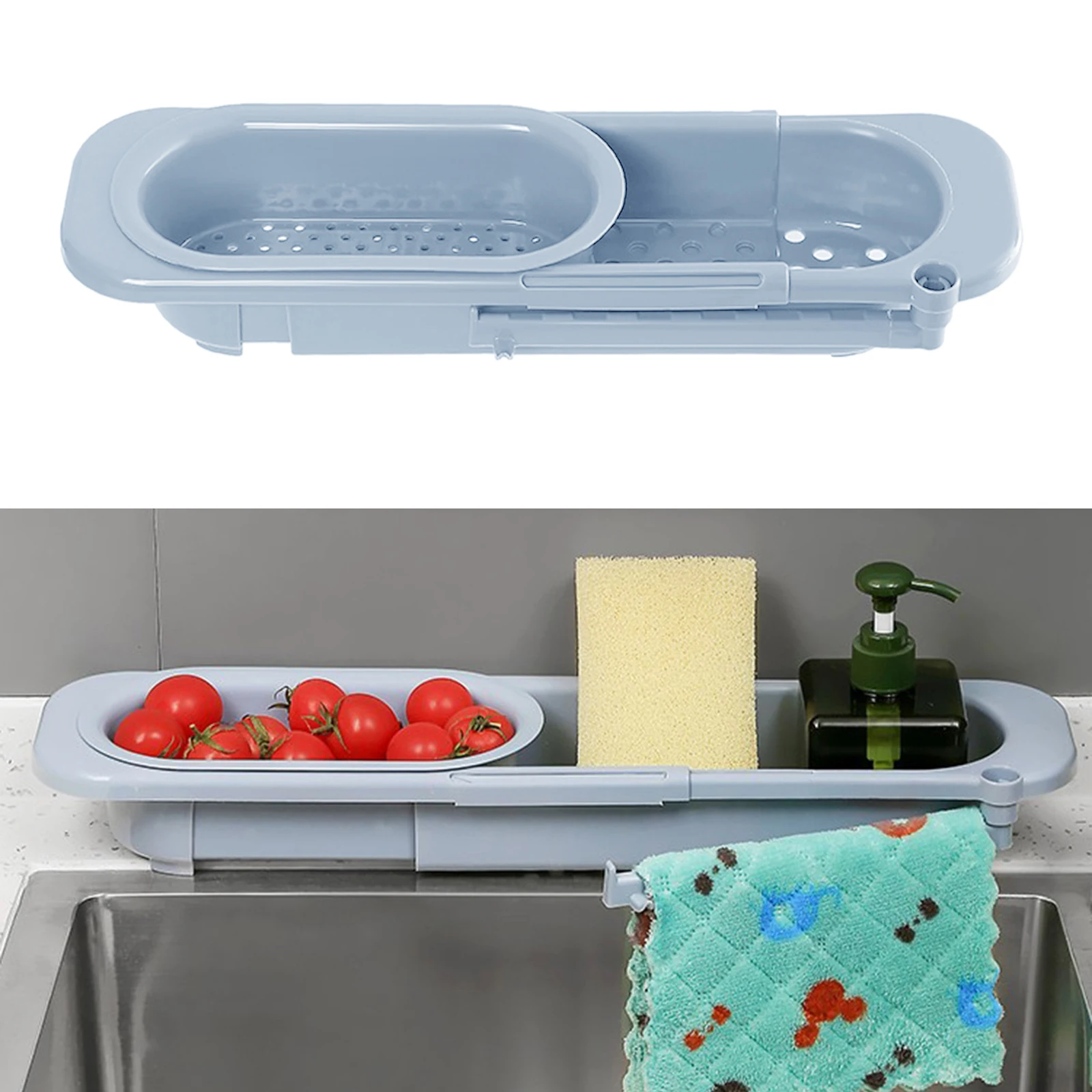 Telescopic Sink Rack Tray Soap Sponge Holder Expandable Storage Drain Basket