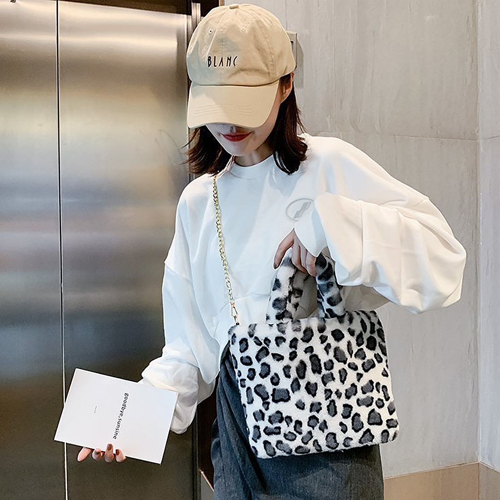 Soft Faux Fur Shoulder Bag Womens Plush Handbag Tote Leopard Print Chain Strap