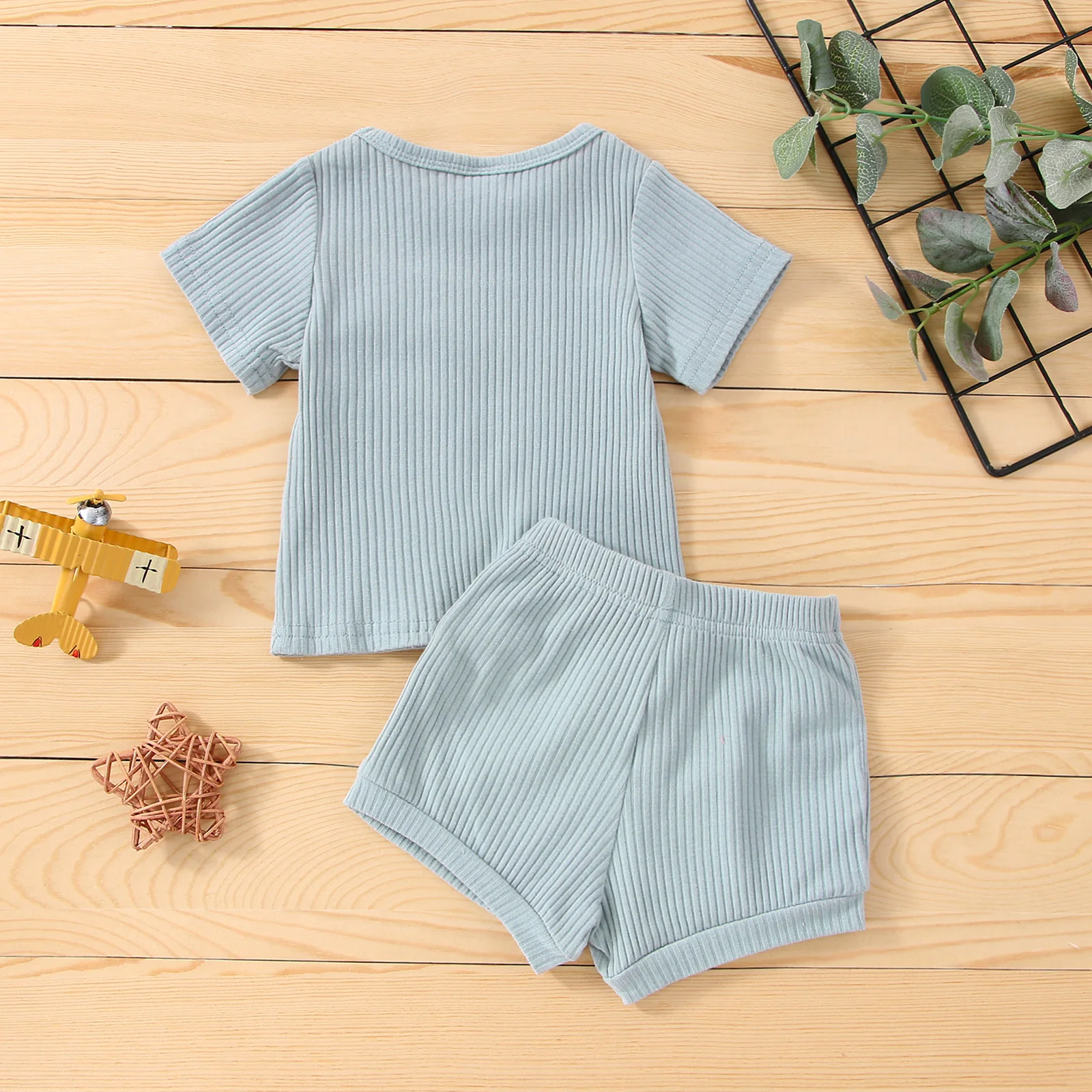 Lioraitiin 0-24M Newborn Infant Baby Girl Boy Outfits Sets Ribbed Knit Short Sleeve T-shirt Short Pant Solid Color Clothes Set Baby Clothing Set cheap