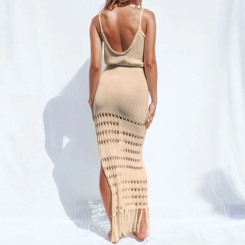 swim suit cover Women Knit Crochet Beach Blouse Dress Adjustable Drawstring Waist Sundress Holiday Boho Sexy Deep V-neck Straps Long Dress Solid long flowy beach dress