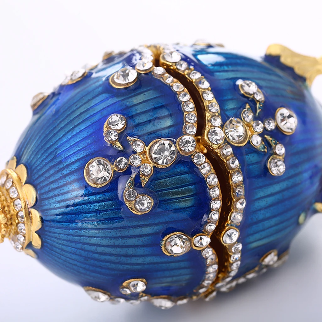 Crystal Flower Decor Blue Metal Faberge Jewelry Box Russian Easter Egg Case