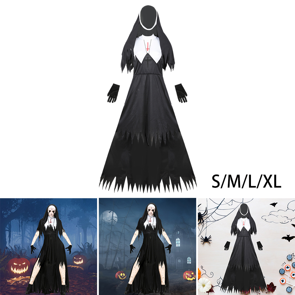 Women's Classic Bewitching Nun Halloween Costume Fancy Dress Hallowmas Cosplay for Ladies Girls Halloween Party Makeup Supplies