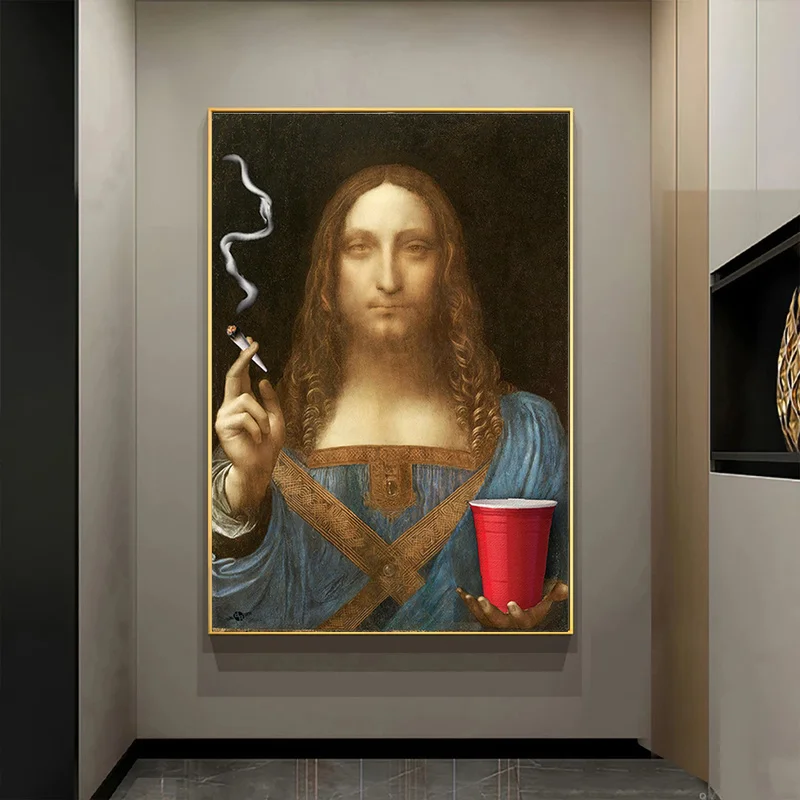 Salvator Mundi Smoking with Da Vinci Painting Printed on Canvas