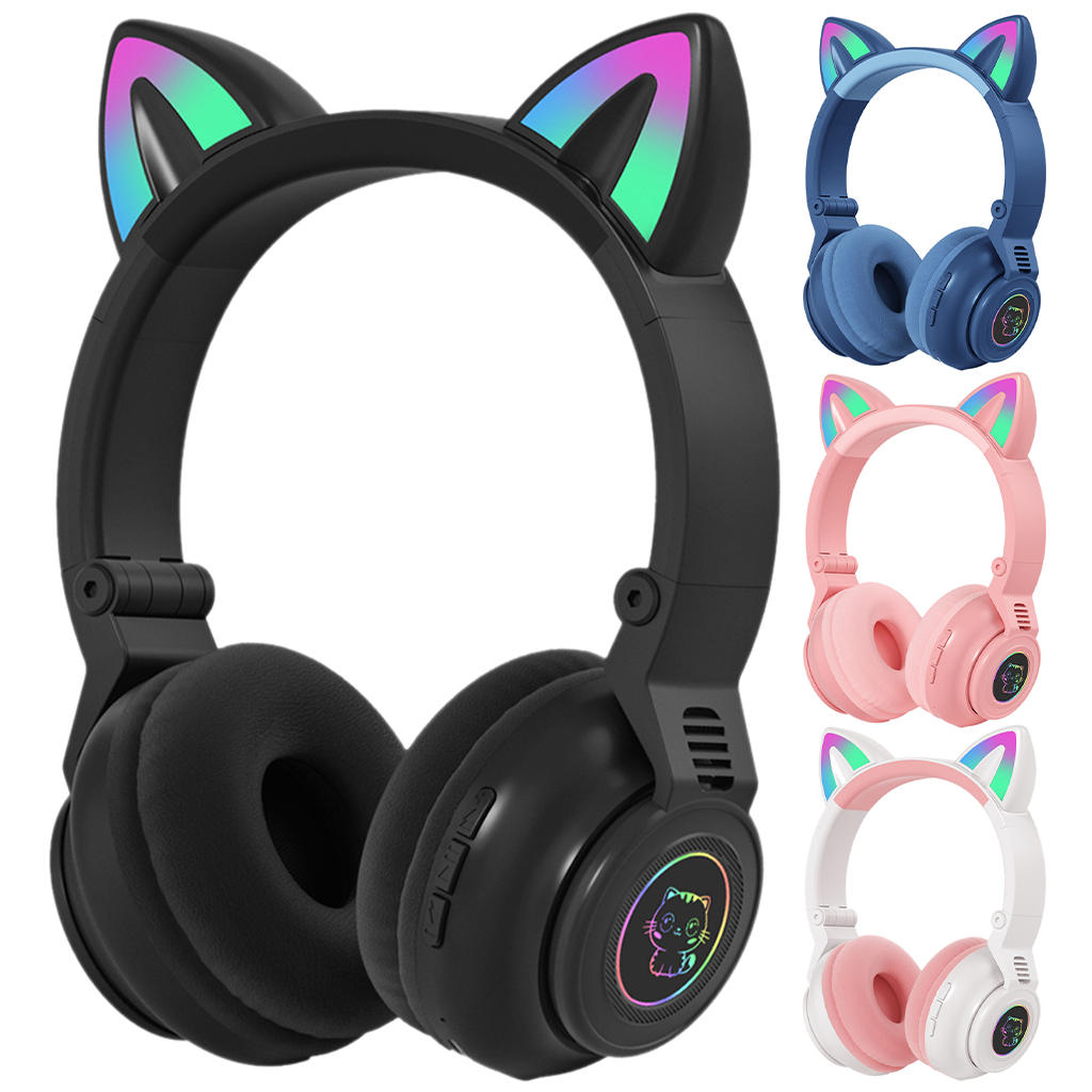 RGB Cat Ear Headphones Bluetooth Earphones LED Light Lightweight Adults Kid Girl Headset for PC Games Online Teaching