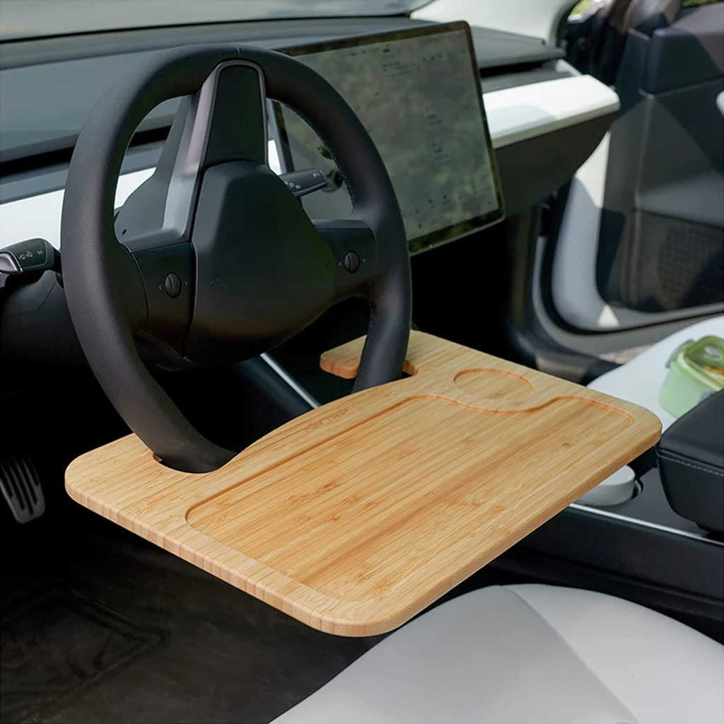 Double-Sided Bamboo Steering Wheel Tray Mount for Eating Laptop Tablets Car Accessories