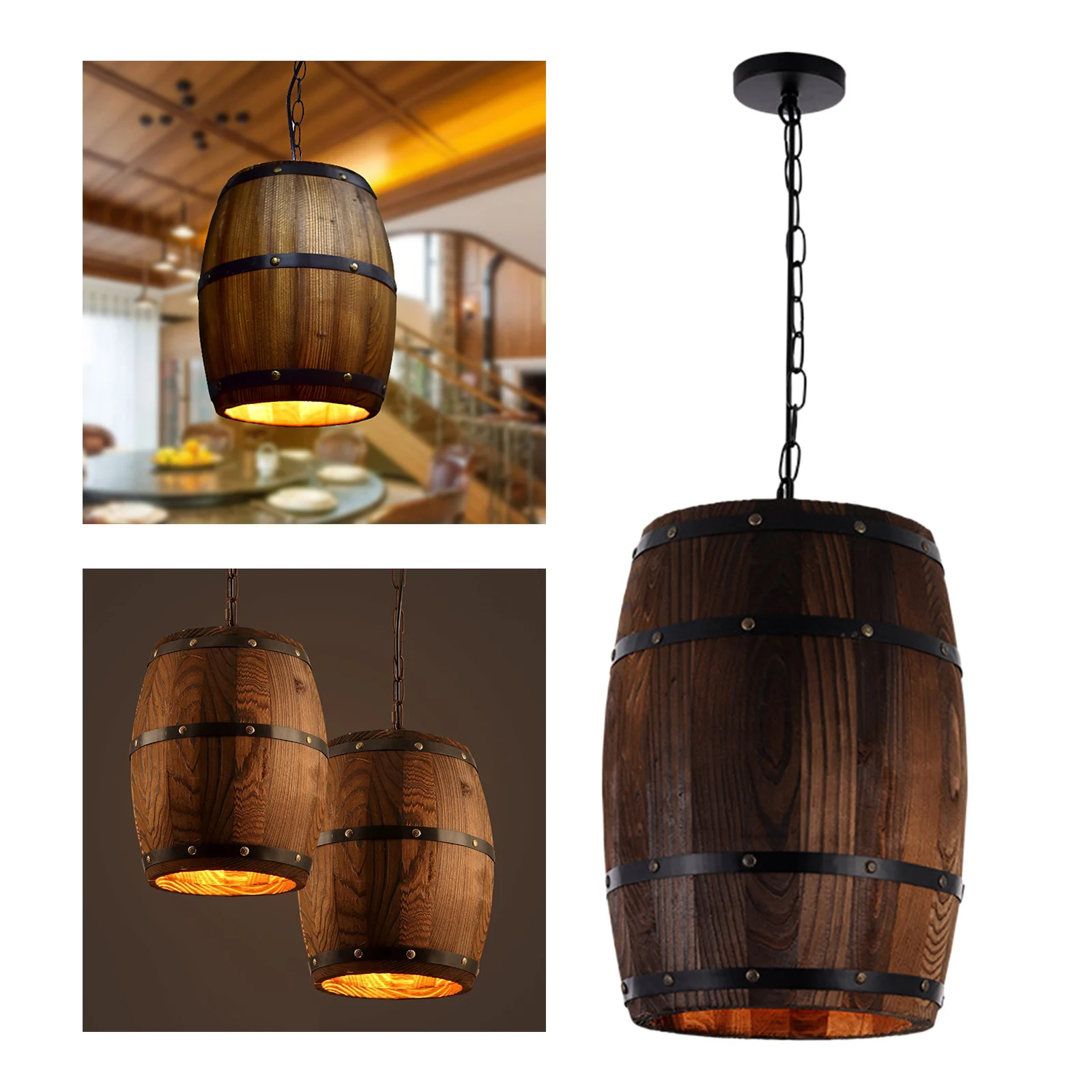 Antique Wood Art Wine Barrel Shade Hanging Pendant Ceiling Lamp Lighting Rustic Bar Cafe Light Fixture Decorative