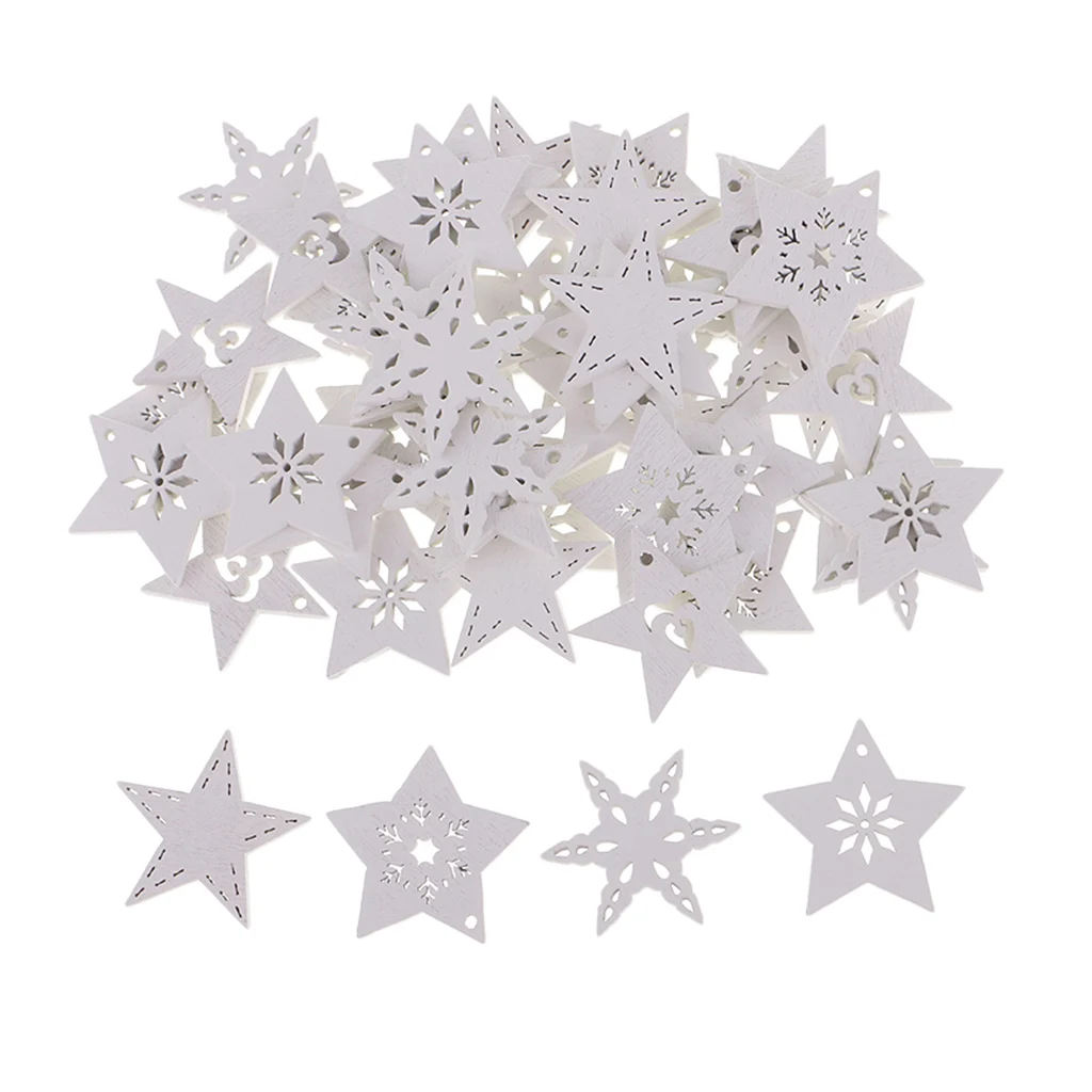 50pcs White Stars Wooden Snowflakes Craft Christmas Tree Hanging Decorations